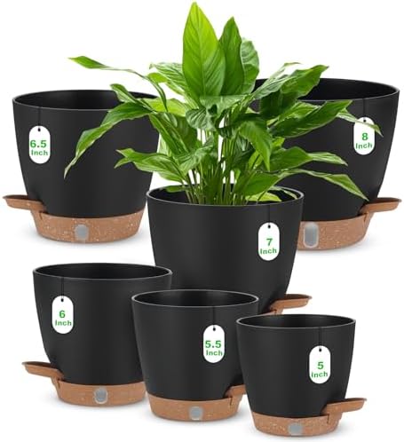 Self Watering Planter Set with Visual Water Level, 6Pack Small Plastic Pot with Drainage Holes and Reservoir Saucers, Modern 8+7+6.5+6+5.5+5 Inch Bottom Watering Flower Pots for Indoor Plant - Black by Ezmixcoop