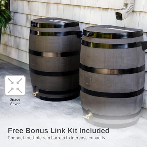 RTS Home Accents 50-Gallon Rain Barrel with Link Kit, Flat Back Rain Water Collection Barrel, Link Kit Included, Woodgrain with Black Stripes (2 Pack) - Image 6