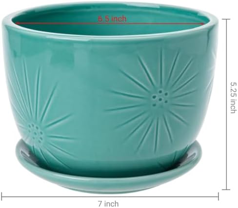 MyGift 7-Inch Turquoise Ceramic Planter Pot with Drainage Hole & Saucer - Image 5