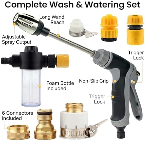 Long Wand Hose Nozzle Sprayer with Foam Bottle, Adjustable Water Spray Gun with 6 Adapters, Trigger Lock and Rubber Grip for Car Wash, Garden Watering and Outdoor Use, 1 Pack - Image 2
