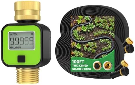MIXC 2026 Thickened Flat Soaker Hose 100Ft + MIXC Water Flow Meter with Brass Inlet & Outlet by MIXC