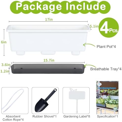 Window Box Planter 4 Packs, 17 Inches Rectangle Flower Pots with Drainage Holes & Trays, Pots for Vegetables, Herbs, Flowers, Garden Windowsill Balcony (White, 17 * 5.1 * 6 inch) - Image 4