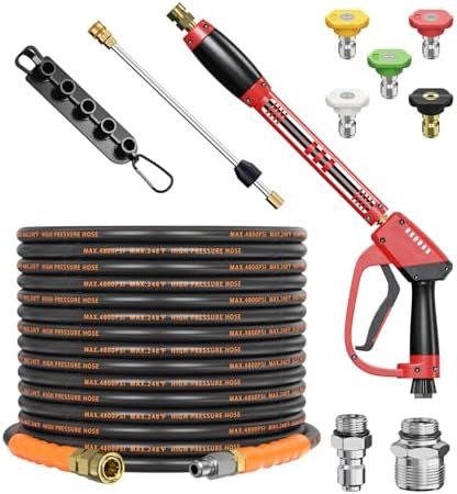 Pressure Washer Gun and Hose Kit, 4800PSI Flexible & Kink-Resistant - Steel Braided & Durable High Power Washer Hose 50 FT with 3/8" Swivel Quick Connector and M22 14mm Adapters & 5 Nozzles by Unknown