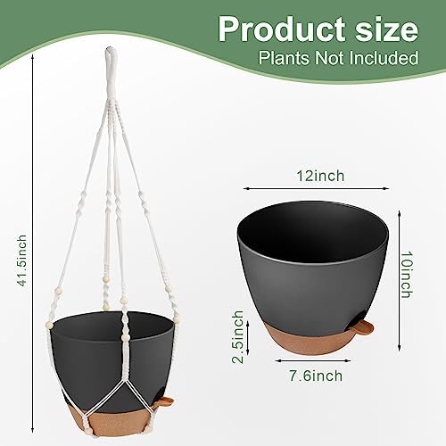 Vanslogreen 41.5 Inch Macrame Plant Hanger Indoor Outdoor with 12 Inch Flower Pot, Hanging Planter for Plants Holder with Wood Beads for Boho Home Decor (Ivory+Black) - Image 3