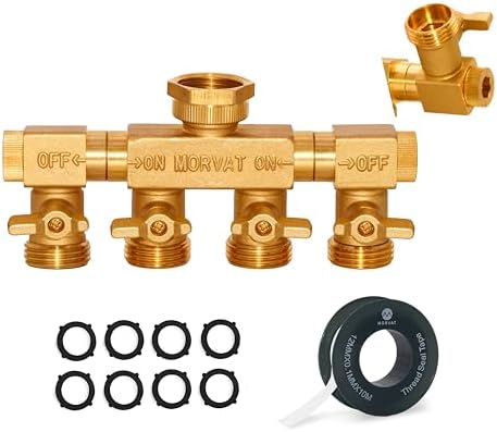 Morvat 4 Way Splitter with Rotating Arms, Heavy Duty Brass Garden Hose Manifold Connector with Comfort Rubber Grip ON/OFF, Adapter for Water Faucet Tap & Spigot, 8 Extra Washers & Teflon Tape by Morvat