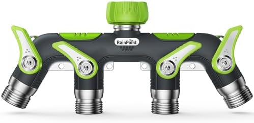 RAINPOINT 4 Way Garden Hose Splitter, 100% Metal Heavy Duty Water Hose Splitter with Individual Shut-Off Valves, 3/4" GHT High Flow Outdoor Faucet Splitter, 1.81" Extra Long Handle (Green) by RainPoint
