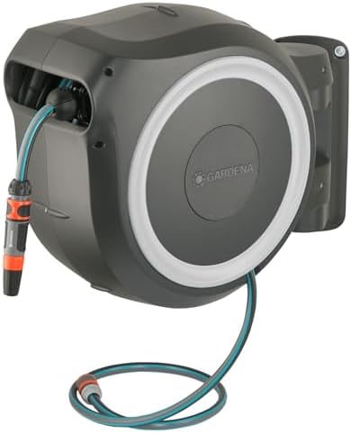 Gardena Wall-Mounted Hose Box Rollup M/L (White) 25 m: Automatic Hose Reel for Medium-Sized to Large Gardens, Includes 25 m Gardena Hose & Mounting Kit by Unknown