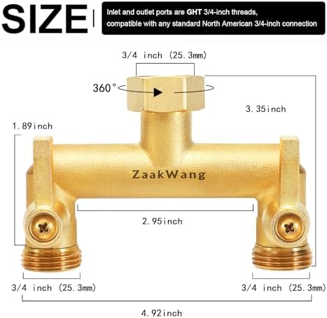 Heavy Duty Brass 2-Way Garden Hose Splitter, 3/4" GHT Threads, Metal Shutoff Valve, Long Handle（2 pack） - Image 3
