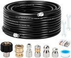 Sewer Jetter Kit for Pressure Washer, 50FT Drain Cleaning Hose with Corner Rotating and Button Nose Nozzles, 1/4" NPT Sewer Jet Nozzle Set with Spanner, Tape, Pins, 5800 PSI by Javneo