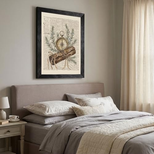 Framed Canvas Wall Art Vintage Antique Compass and Leather Map Muted Earthy Tones Rosemary on Aged Newspaper Canvas Print Poster Black Frame Wall Decor for Study Office Scholarly Decor, 24x36 Inch - Image 6