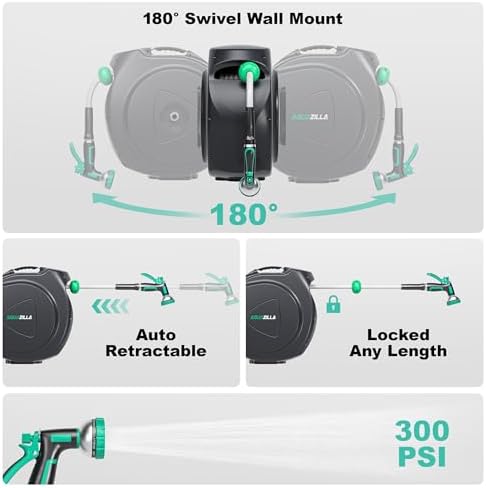 Retractable Garden Hose Reel - 5/8 in Durable Wall Mounted Water Hose Reel with 180¡ãSwivel Bracket, 9 Pattern Sprayer, 6Ft leader hose,Smooth Automatic Rewind, Any Length Lock. - Image 5