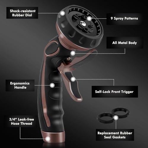 RESTMO Hose Nozzle with Easy Self-Lock Trigger, Heavy Duty Metal Water Hose Sprayer with 9 Spray Patterns and On/Off Valve, High Pressure | Thumb Flow Control, Ideal for Outdoor Lawn & Plant Watering - Image 6