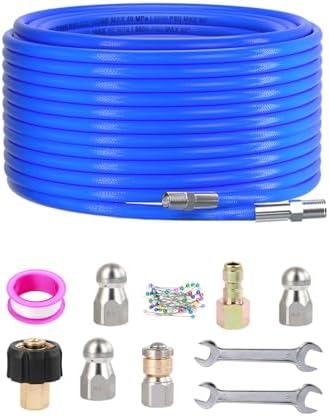 Sewer Jetter Kit for Pressure Washer 50FT, 5800 PSI Water Jet Drain Cleaner Hose 1/4 Inch NPT Corner, Rotating and Button Sewer Jetting Nozzles, Waterproof Tape, Spanners, and Pearl Corsage Pin by FAHKNS
