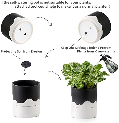 Nihow Ceramic Self Watering Plant Pot for Indoor Plants,6 Inch,Black White - Image 4
