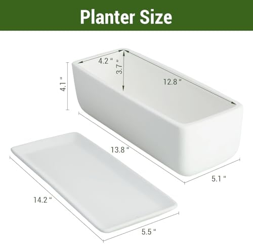 MyGift 14 Inch Ceramic Indoor Plant Pot with Drainage Hole, Rectangular Succulent Planter Window Box with Removable Saucer, Unglazed White (Pack of 2) - Image 6