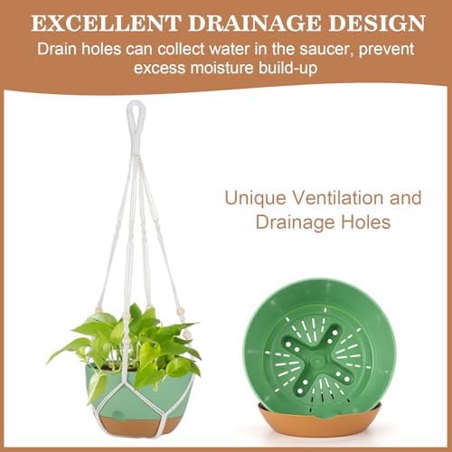3 Pack Hanging Planter for Indoor Plants, 10inch Self-Watering Hanging Plant Pot, Macrame Plant Hanger with Pot, Chain, S & Ceiling Hooks, Removable Saucer and Drainage Holes for Garden Home - Green - Image 5