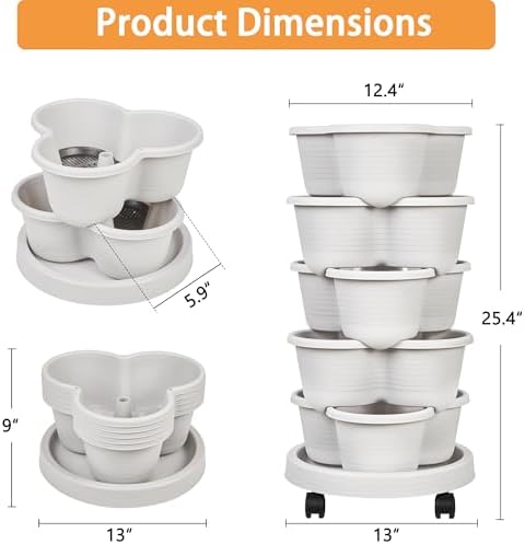 VECELO 5 Tier Vertical Garden Planter, Self Watering Stackable Planters with Wheels for Strawberries, Herbs, Flowers, Vegetables, Gray - Image 2