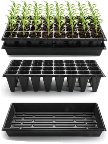 RooTrimmer 10 Pack 1020 Trays No Holes and 10 Pack 4.3" Deep 32 Cell Seed Starter Trays, 20" x 10" - Heavy Duty Plastic Nursery Flats for Seed Germination & Plant Propagation (10 Sets) by RooTrimmer
