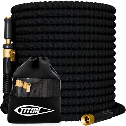 TITAN 50 ft Garden Hose – Lightweight Flexible Water Hose, Kink-Free Non-Expanding, High Flow, Solid Brass Fittings, Leak-Proof with Nozzle by Titan