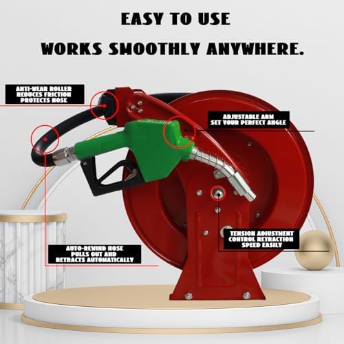 3/4 Inch Fuel Hose Reel,3/4"X33' Retractable Ratchet Spring Driven Diesel Hose Reel,360 Rotating Fuel Hose Swivel,AUTO Fuel Nozzle,SS304 Elbow Pipe,Barb Fitting,300 PSI,1"NPT Inlet,3/4" Outlet - Image 2