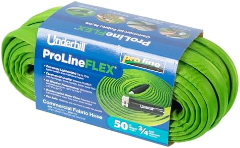 ProLine Flex Fabric Garden Water Hose, Flexible, Rubber Core, Lightweight, Collapsible, Aluminum End Fittings, Hot Water Safe, 600 PSI Burst Pressure, 300 PSI Working Pressure, 3/4 Inch x 50 ft Long by Underhill