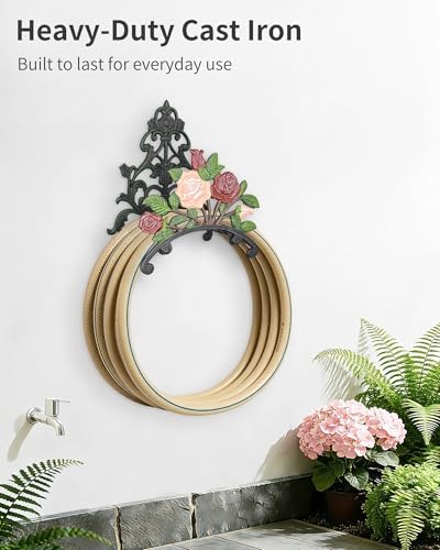 Cast Iron Garden Hose Holder Wall Mount, Rustic Heavy Duty Water Hose Hanger Storage Rack, Decorative Vintage Hose Reel Organizer for Outside Garden Yard Patio, Painted Rose Design - Image 4