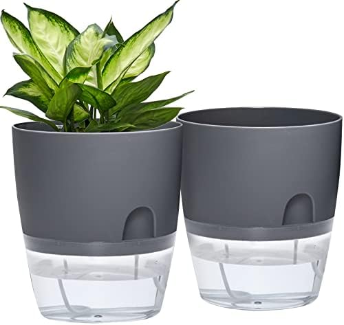 Self Watering Planter for Indoor Plants, 2 Pack 9.3 Inch Flower Pot Modern Decorative Plastic Planter with Extra Large Water Storage for All House Plants, Flowers, Herbs(Gray) by ETGLCOZY