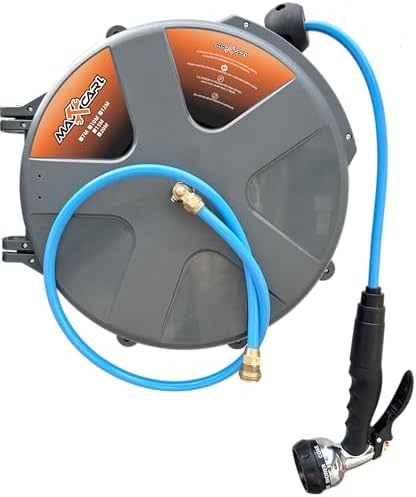 Maxcarl Retractable Water Hose Reel 1/2 in x 65 ft with Spray Gun, Wall Mounted High Pressure Hose Reel by MAXCARL