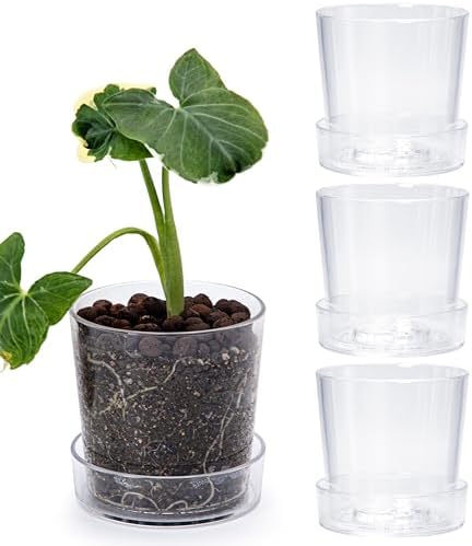 Phoenix Vine 4.5 Inch Clear Acrylic Planter Pot with Tray, Orchid Pot with Drainage Holes, Deep Saucer for Bottom Watering, Transparent Containers for Indoor Plants, Herbs, Set of 4, 91-A-E-4 by Phoenix+Vine