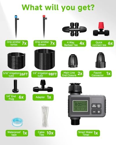 124FT Drip Irrigation System with LCD Timer, Automatic Watering System Kits,5/16 Inch Hose 1/4 Inch Distribution Tubing 3 Sprayer Types, for Garden, Greenhouse, Garden, Lawn - Image 6