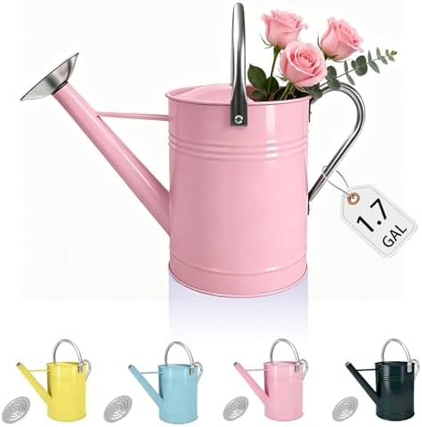 1.7 Gallon Pink Decorative Countryside Style Water Can with Removable Spout, Metal Watering Can for Garden Flower, Galvanized Watering Can for Outdoor Indoor Plants by LONGRUNHOME