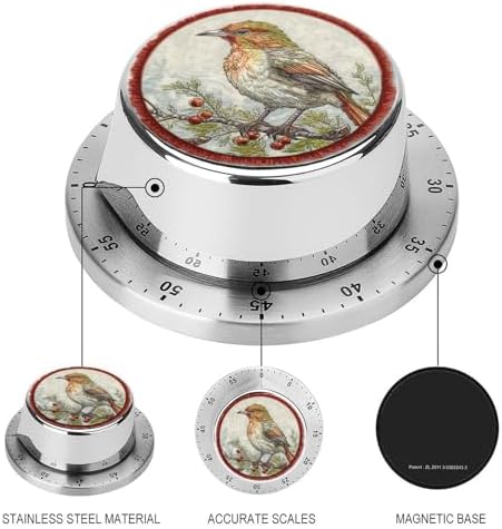 Mechanical Kitchen Timers for Cooking,Embroidery Bird Printed 60 Minute Magnetic Countdown Timer,Cute Cooking Timers with Alarm,Stainless Steel Time Timer Manual No Batteries Required - Image 3