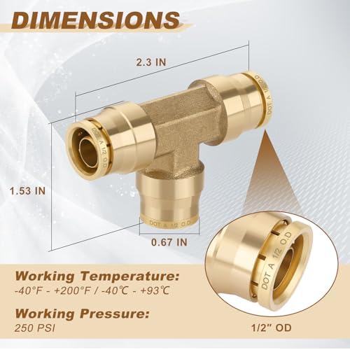 1/2" Brass Union Tee, DOT Approved 3-Way Air Line Connector 5PCS - Image 5