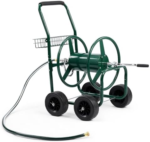VINGLI 300FT 5/8in Garden Hose Reel Cart, 4-Wheel Portable Residential Hose Reel Cart, Hose Guide System with Storage Basket, Rust Resistant, for Family Yard, Garden and Farm (Green) by VINGLI