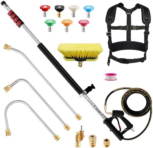 Telescoping Pressure Washer Wand 24 ft Power Washer Extension Wand Aluminum Pressure Washer Extension Wand 24 Feet with Brush Head, Gutter Cleaner, 7 Spray Nozzle Tips, 2 Hose Adapters, Support Belt by YLWSHRNT