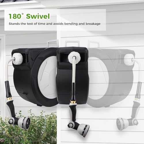 Retractable Garden Hose Reel 1/2 Inch x 100 ft, Wall Mounted Heavy Duty Automatic Hose Reel, 3/4 in Brass Fitting 9 Pattern Nozzle/Any Length Lock/180°Swivel Bracket/Slow Retraction - Image 7