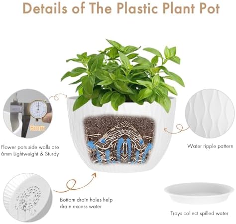 WSMKSZ 12 Inch Large Plant Pots for Indoor or Outdoor Plants, Wide Water Ripples Flower Pots with Drainage Holes & Saucer, Plastic Planters Set for Garden & Home Decor (White) - Image 3