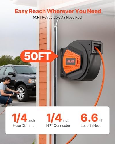VEVOR Retractable Air Hose Reel, 1/4 Inch x 50 FT Hybrid Air Hose Max 300PSI, Enclosed Air-Compressor Hoses Reel Auto Rewind with 6.6 ft Lead in & Blow Gun, 180° Swivel Ceiling/Wall Mount - Image 2