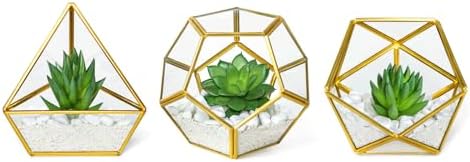 Mkono 3 Pack Fake Succulents in Geometric Glass Terrarium Gold Office Decor by Mkono
