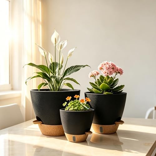 12"/10"/9"/8" Self Watering Pots with Visual Water Window,Extra Large Self Watering Plant Pots with Drainage Holes & Saucers,Black Planters for Indoor Plants,4-Pack - Image 7
