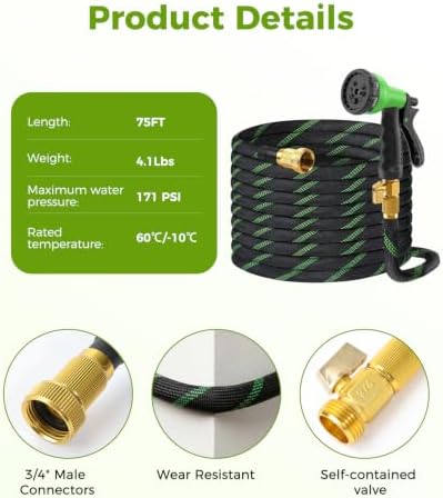 75ft Garden Hose, Non-Expandable Water Hose with 8 Function Spray Nozzle, Lightweight, Knik-Free, Burst-Resistant, Durable & Flexible 3/4" Garden Hose for Lawn, House Cleaning, Car Washing - Image 6