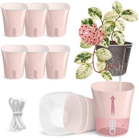 8 Pack 4" Self Watering Pots for Indoor Plants, Clear Inner Cup, Small Pink Plastic Planters, Water Level Indicator, Drainage Holes, Extra 3ft Wick, Cuttings,Seedlings,Herb,African Violets by Vandorelle