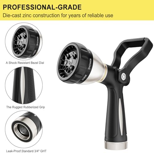 FANHAO Heavy Duty Fireman's Hose Nozzle, Metal Water Nozzle with 8 Spray Patterns, High Pressure Garden Hose Sprayer with Lever Control and Non-Slip Grip to Water Lawns & Plants, Wash Cars & Clean - Image 4