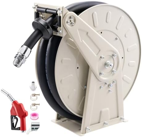 VEVOR Fuel Hose Reel, 1" x 33', Extra Long Retractable Diesel Hose Reel, Heavy-Duty Carbon Steel Construction with Automatic Fuel Nozzle, NBR Rubber Hose for Aircraft Ship Vehicle Tank Truck, 300 PSI by VEVOR