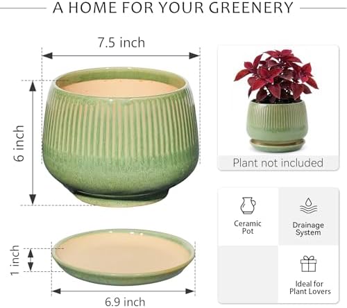 7.5 Inch Ceramic Planter with Saucer,Modern Garden Pots with Drainage Hole Mesh Net, for Indoor Outdoor Use (Crackle Green) - Image 6