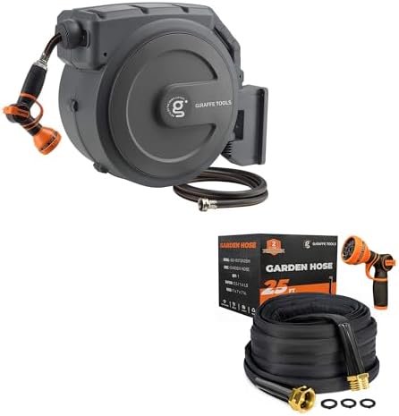 Giraffe Tools Retractable Garden Hose Reel 1/2 Inch x 130 ft, Super Heavy Duty and Garden Hose 25FT x 5/8” Lightweight Lay Flat Water Hose Kink Free Flexible Hose with 9 Spray Function Nozzle by GiraffeTools