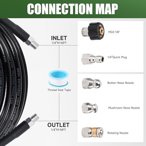 Sewer Jetter Kit for Pressure Washer, 100FT Drain Cleaning Hose with Corner Rotating and Button Nose Nozzles, 1/4" NPT Sewer Jet Nozzle Set with Spanner, Tape, Pins, 5800 PSI - Image 3