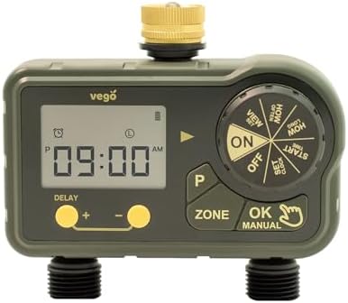 Vego 2 Zone Sprinkler Timer with Brass Inlet- Watering Timer for Garden Hose with Dual Channel Programmable Rain Delay/Manual Watering/Automatic Irrigation - Water Hose Timer for Yard Lawn by VegoGarden