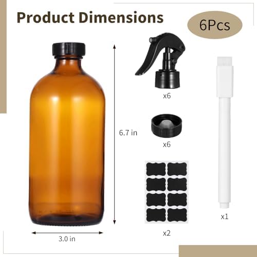 OMISTAR 6 Pcs 16 oz Amber Glass Spray Bottles for Cleaning - Empty Glass Spray Bottle Set with Labels and Pen, Refillable Container for Essential Oils, Trigger Sprayer, Adjustable Nozzl, Leakproof - Image 5