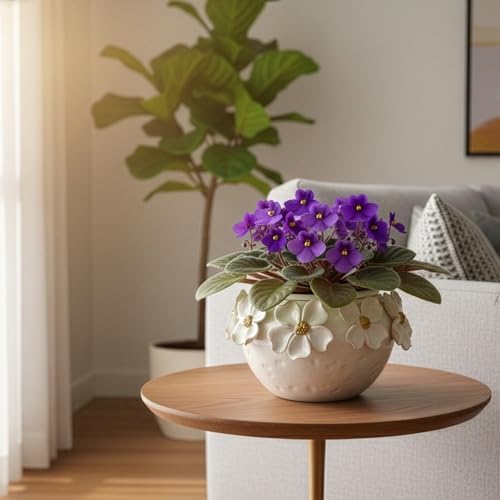 HERDUK 7.5” Ceramic Self Watering African Violet Planter with Hand-Sculpted petalsl Design – Durable Indoor Plant Pot for Orchids, Succulents, and Houseplants - Image 3